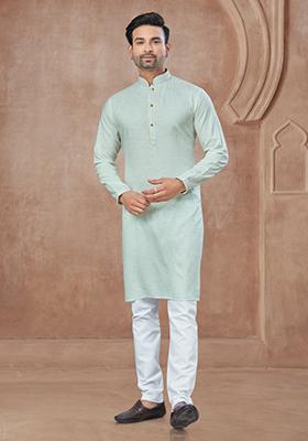 Blue Printed Cotton Kurta Set For Men