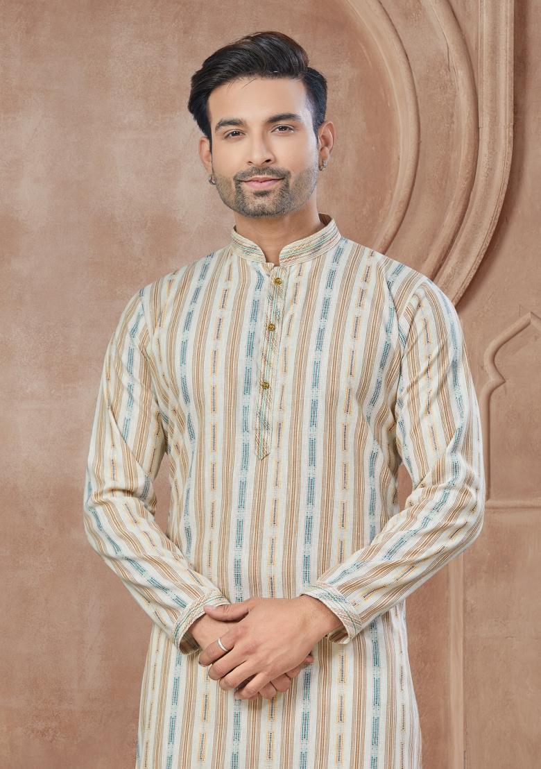 Multi Printed Cotton Kurta Set For Men - Indya