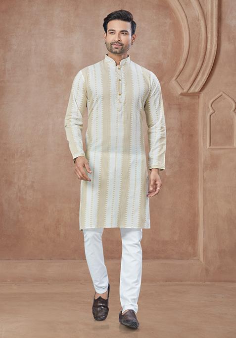 Cream Printed Cotton Kurta Set For Men