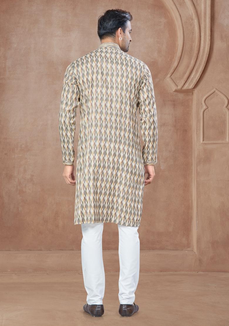Cream Printed Cotton Kurta Set For Men - Indya