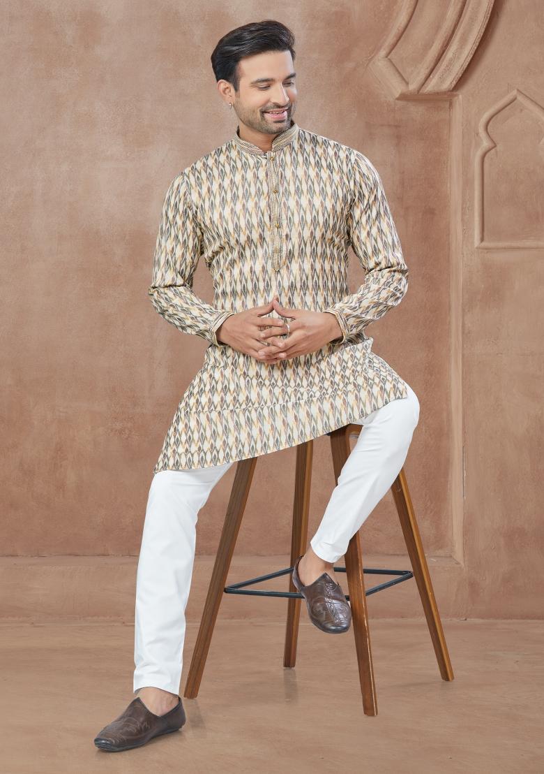 Cream Printed Cotton Kurta Set For Men - Indya