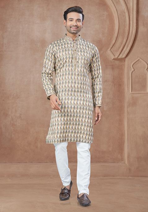 Cream Printed Cotton Kurta Set For Men