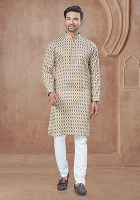 Cream Printed Cotton Kurta Set For Men