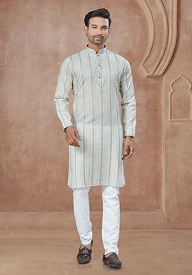 Cream Printed Cotton Kurta Set For Men