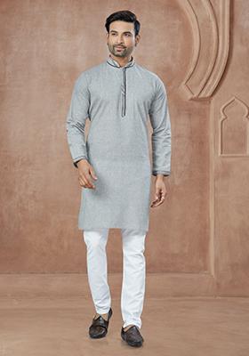 Grey Printed Cotton Kurta Set For Men