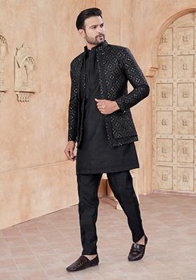 Black Embroidered Silk Indo Western Sherwani Set For Men