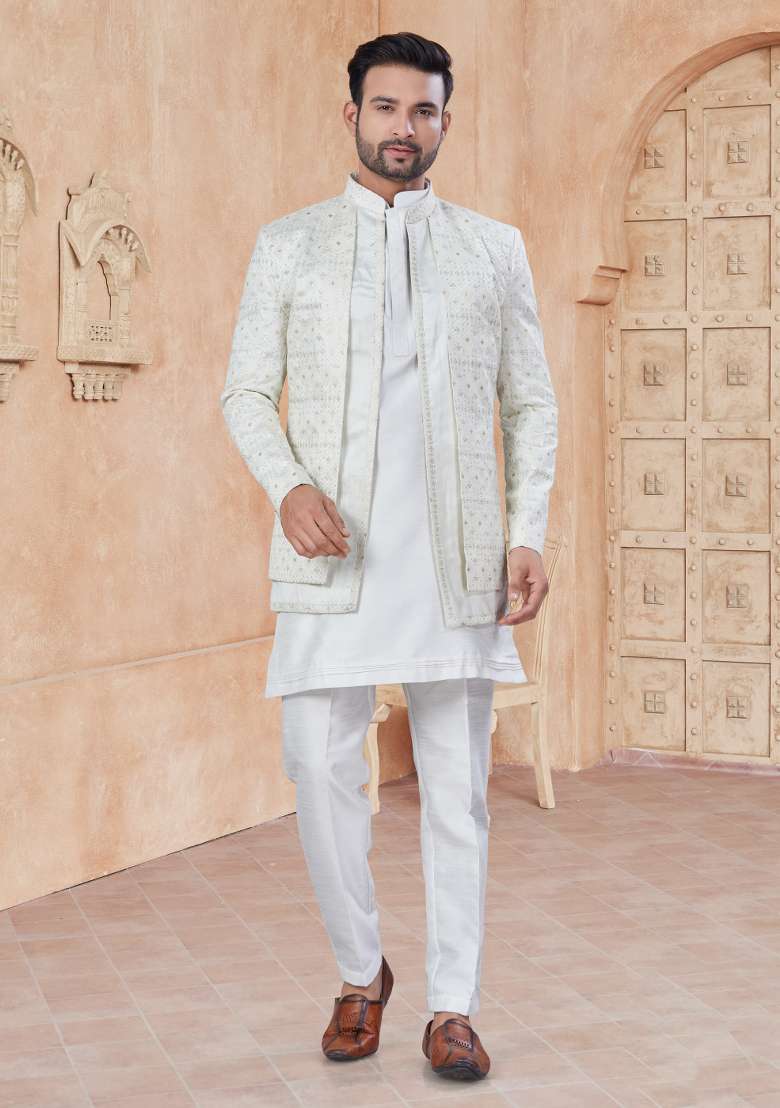 White Embroidered Silk Blend Indo Western Sherwani Set For Men - Indya