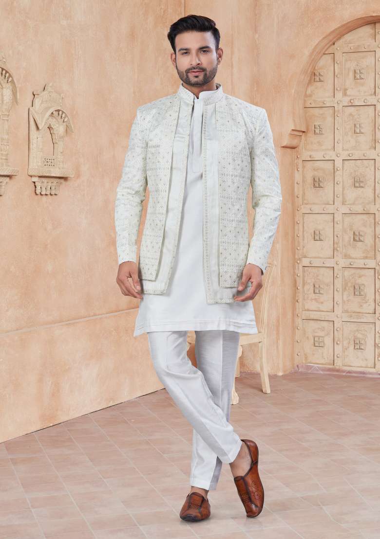 White Embroidered Silk Blend Indo Western Sherwani Set For Men - Indya