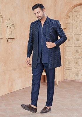 Navy Blue Embroidered Silk Indo Western Sherwani Set For Men