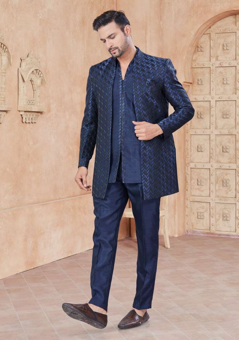 Navy Blue Embroidered Silk Blend Indo Western Sherwani Set For Men - Indya