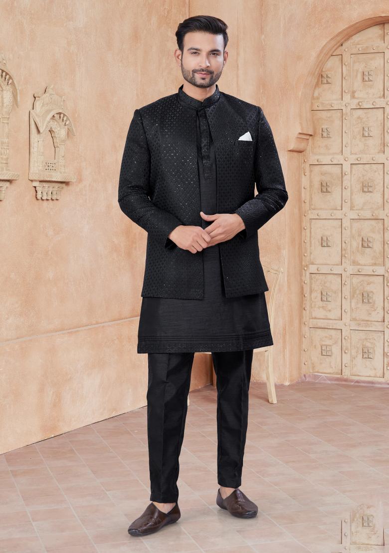 Black Embroidered Silk Indo Western Sherwani Set For Men - Indya