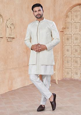 White Embroidered Silk Indo Western Sherwani Set For Men