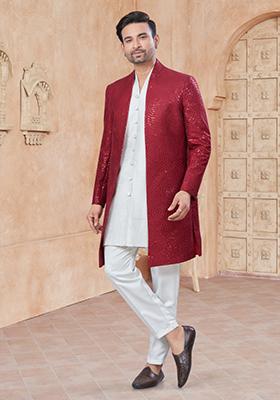 Red Embroidered Silk Indo Western Sherwani Set For Men