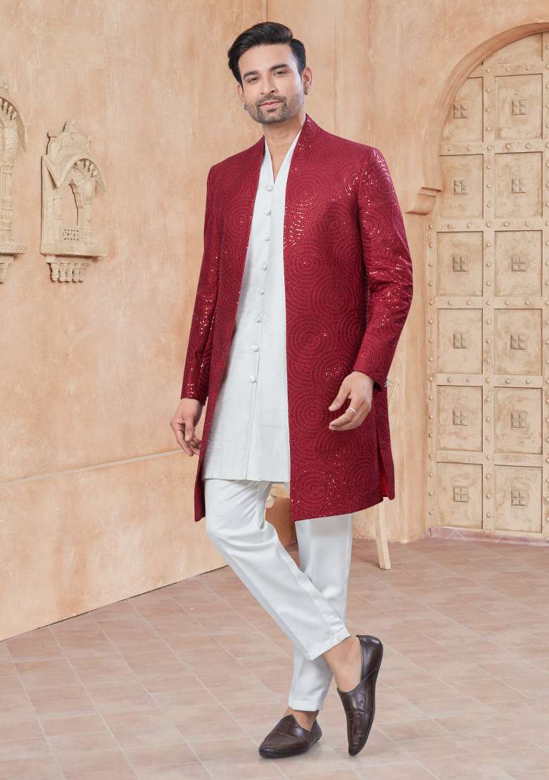 Red Embroidered Silk Blend Indo Western Sherwani Set For Men - Indya