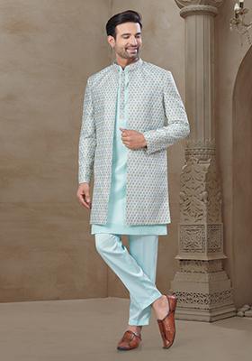 Sky Blue Embroidered Jacquard Indo Western Sherwani Set For Men