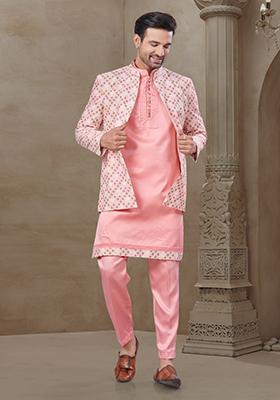 Pink Embroidered Jacquard Indo Western Sherwani Set For Men