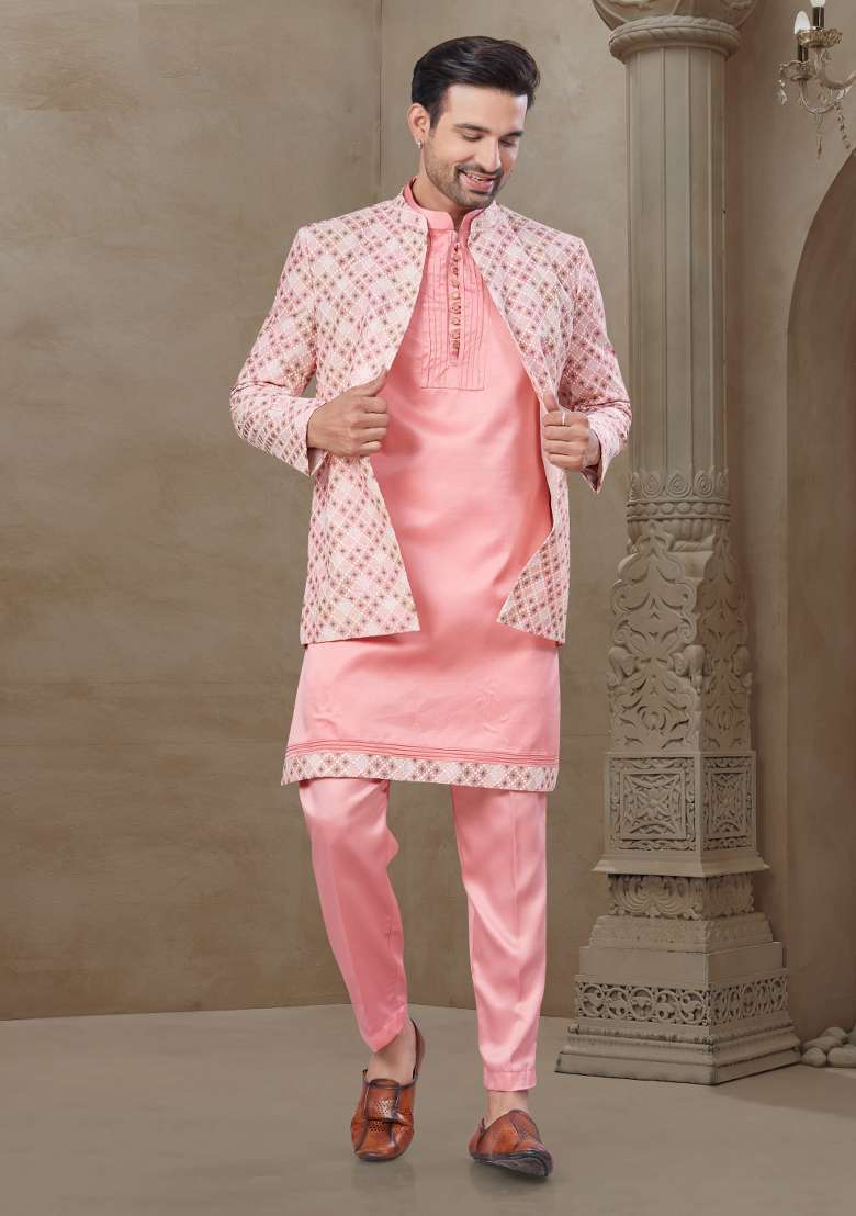 Pink Embroidered Jacquard Indo Western Sherwani Set For Men - Indya