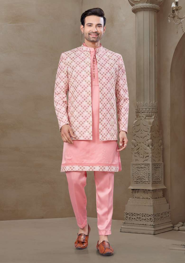 Pink Embroidered Jacquard Indo Western Sherwani Set For Men - Indya