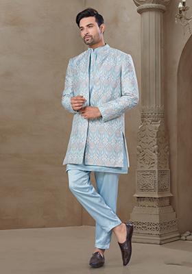 Sky Blue Embroidered Jacquard Indo Western Sherwani Set For Men