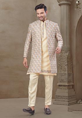 Cream Embroidered Jacquard Indo Western Sherwani Set For Men
