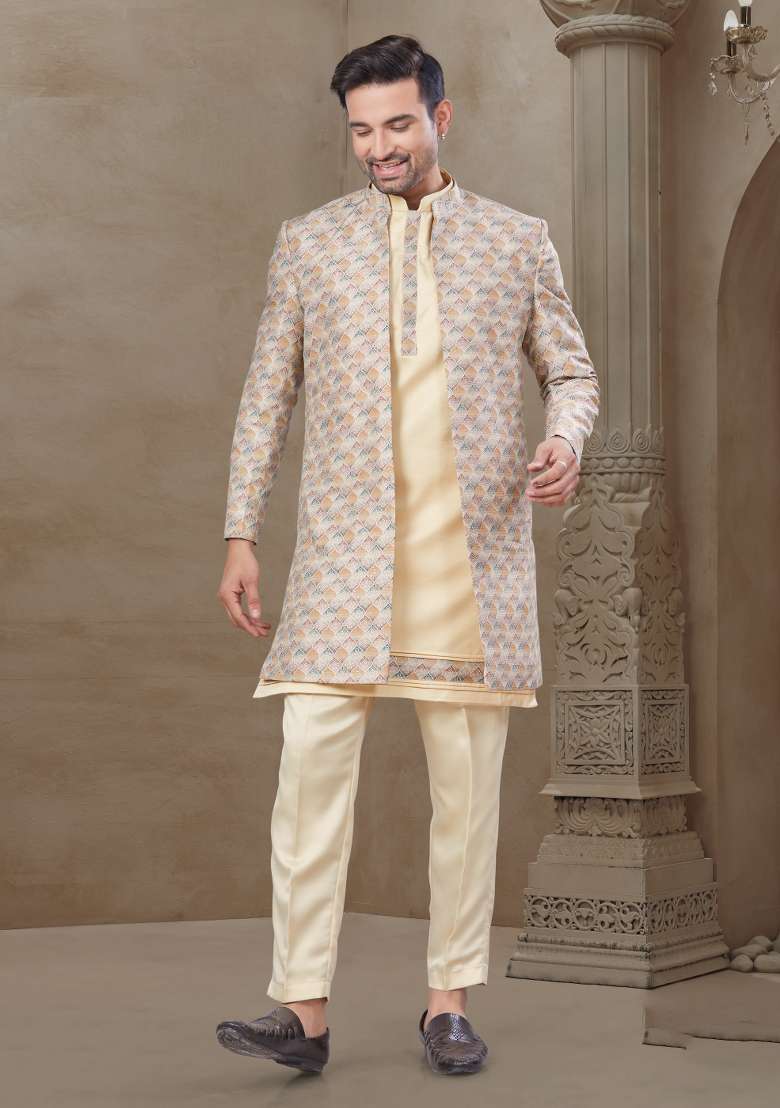 Cream Embroidered Jacquard Indo Western Sherwani Set For Men - Indya