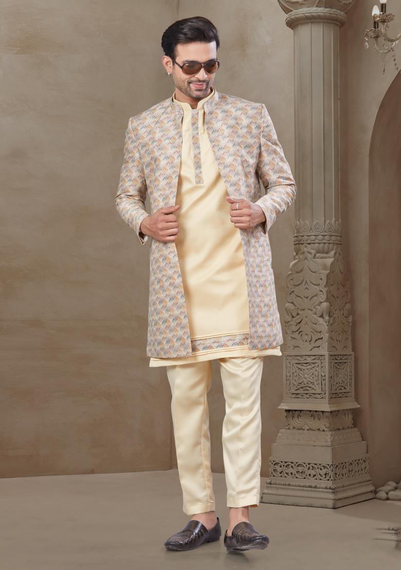 Cream Embroidered Jacquard Indo Western Sherwani Set For Men - Indya