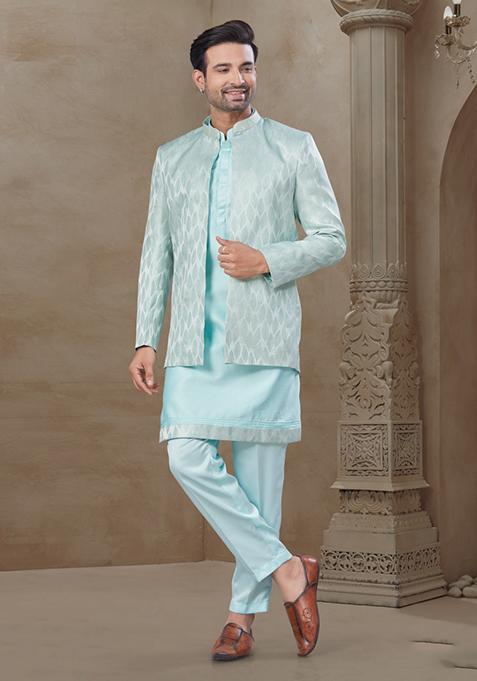 Sky Blue Embroidered Jacquard Indo Western Sherwani Set For Men