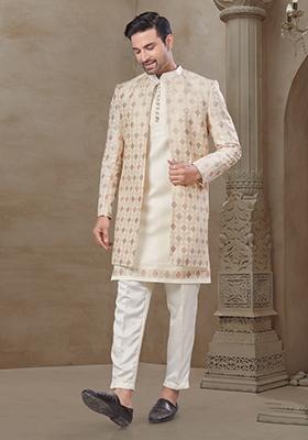 Cream Embroidered Jacquard Indo Western Sherwani Set For Men