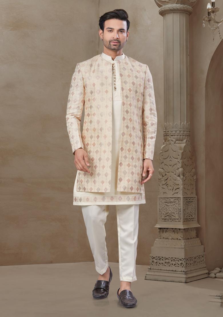 Cream Embroidered Jacquard Indo Western Sherwani Set For Men - Indya