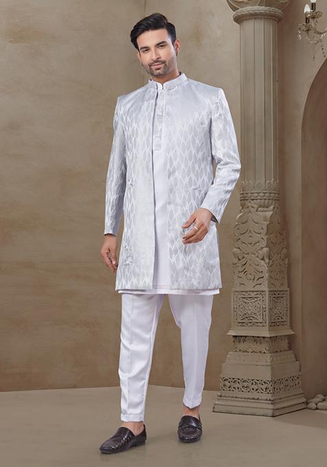 Light Purple Embroidered Jacquard Indo Western Sherwani Set For Men