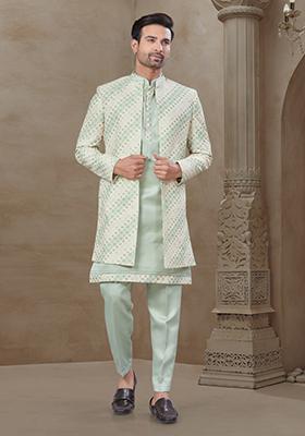 Light Green Embroidered Jacquard Indo Western Sherwani Set For Men