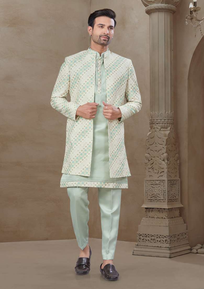 Light Green Embroidered Jacquard Indo Western Sherwani Set For Men - Indya