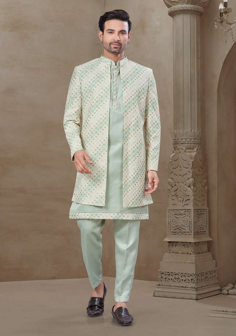 Light Green Embroidered Jacquard Indo Western Sherwani Set For Men - Indya