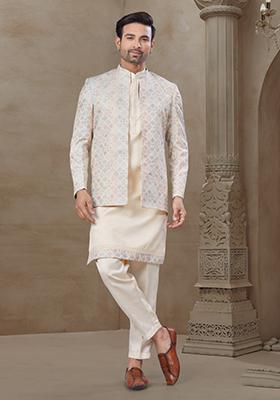 Light Pink Embroidered Jacquard Indo Western Sherwani Set For Men