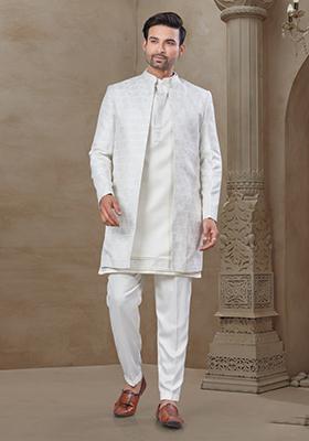 White Embroidered Jacquard Indo Western Sherwani Set For Men
