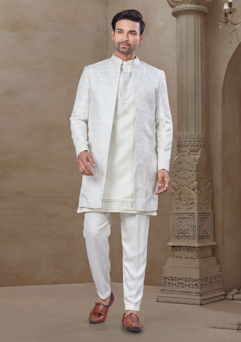White Embroidered Jacquard Indo Western Sherwani Set For Men - Indya