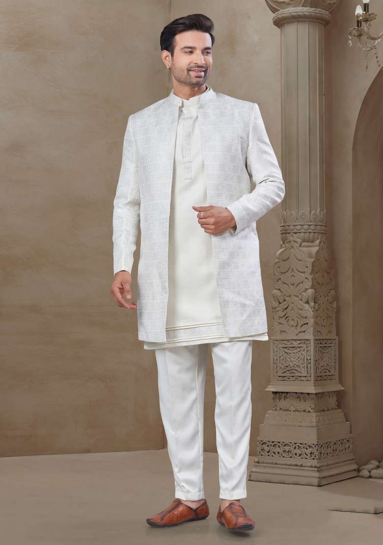 White Embroidered Jacquard Indo Western Sherwani Set For Men - Indya