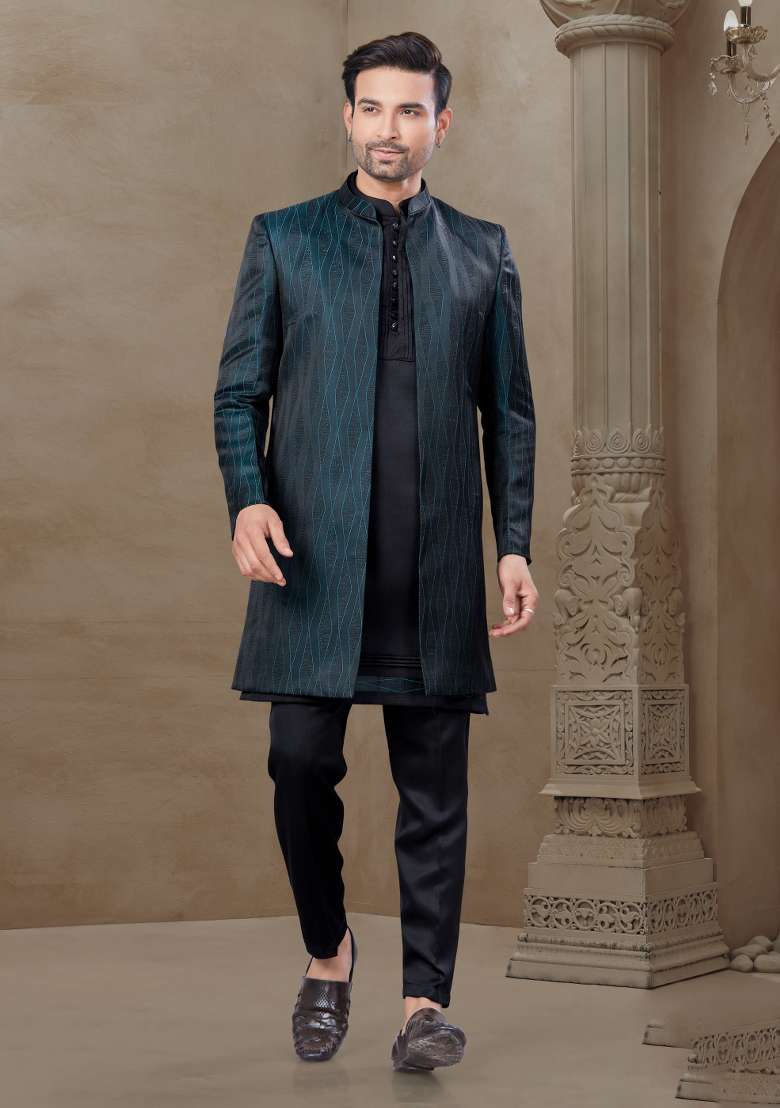 Green Embroidered Jacquard Indo Western Sherwani Set For Men - Indya