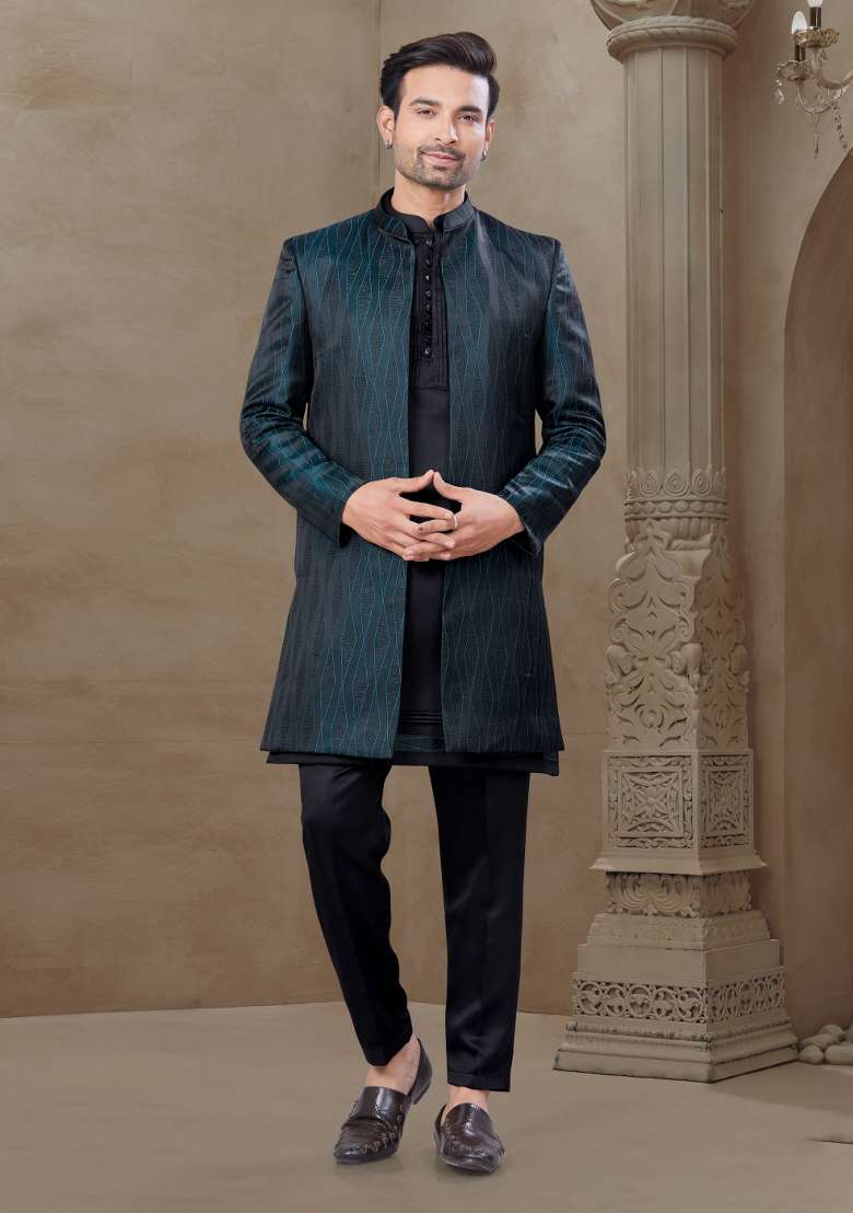 Green Embroidered Jacquard Indo Western Sherwani Set For Men - Indya