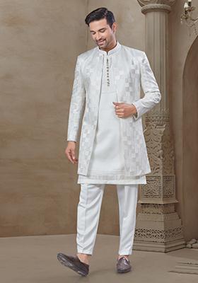 White Embroidered Jacquard Indo Western Sherwani Set For Men