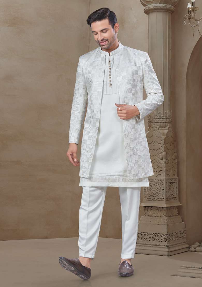 White Embroidered Jacquard Indo Western Sherwani Set For Men - Indya
