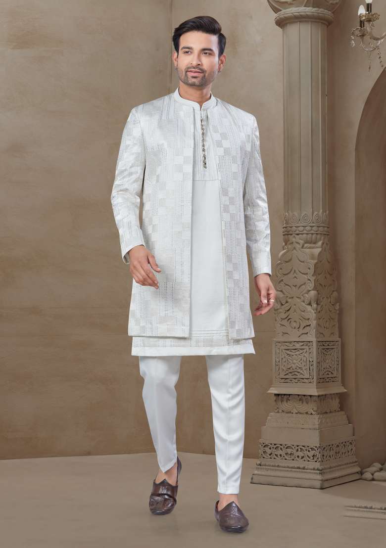 White Embroidered Jacquard Indo Western Sherwani Set For Men - Indya