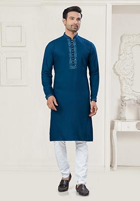 Blue Embroidered Cotton Kurta Set For Men