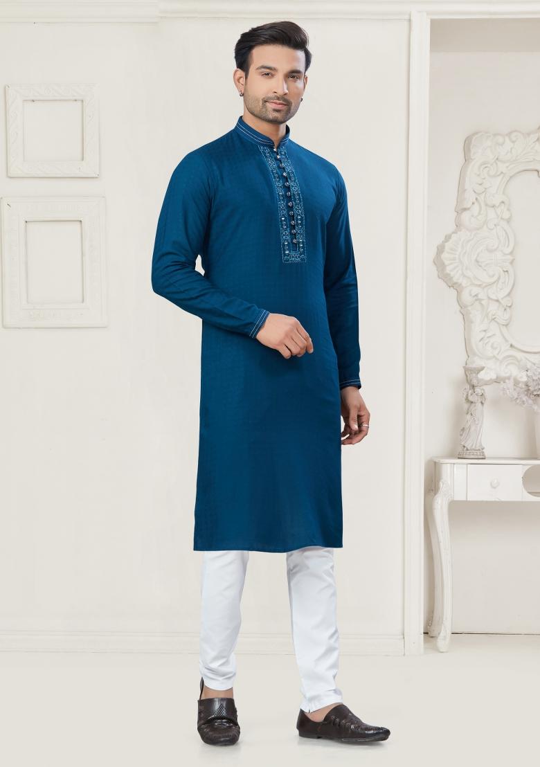 Blue Embroidered Cotton Kurta Set For Men - Indya