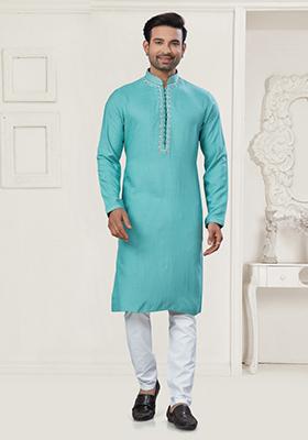 Sky Blue Embroidered Cotton Kurta Set For Men