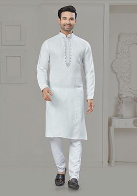 Cream Embroidered Cotton Kurta Set For Men
