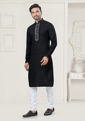 Black Embroidered Cotton Kurta Set For Men