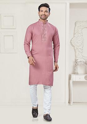 Pink Embroidered Cotton Kurta Set For Men