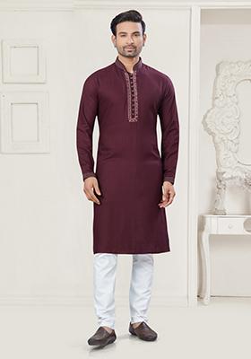 Maroon Embroidered Cotton Kurta Set For Men