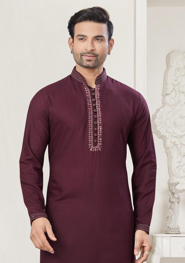 Maroon Embroidered Cotton Kurta Set For Men - Indya